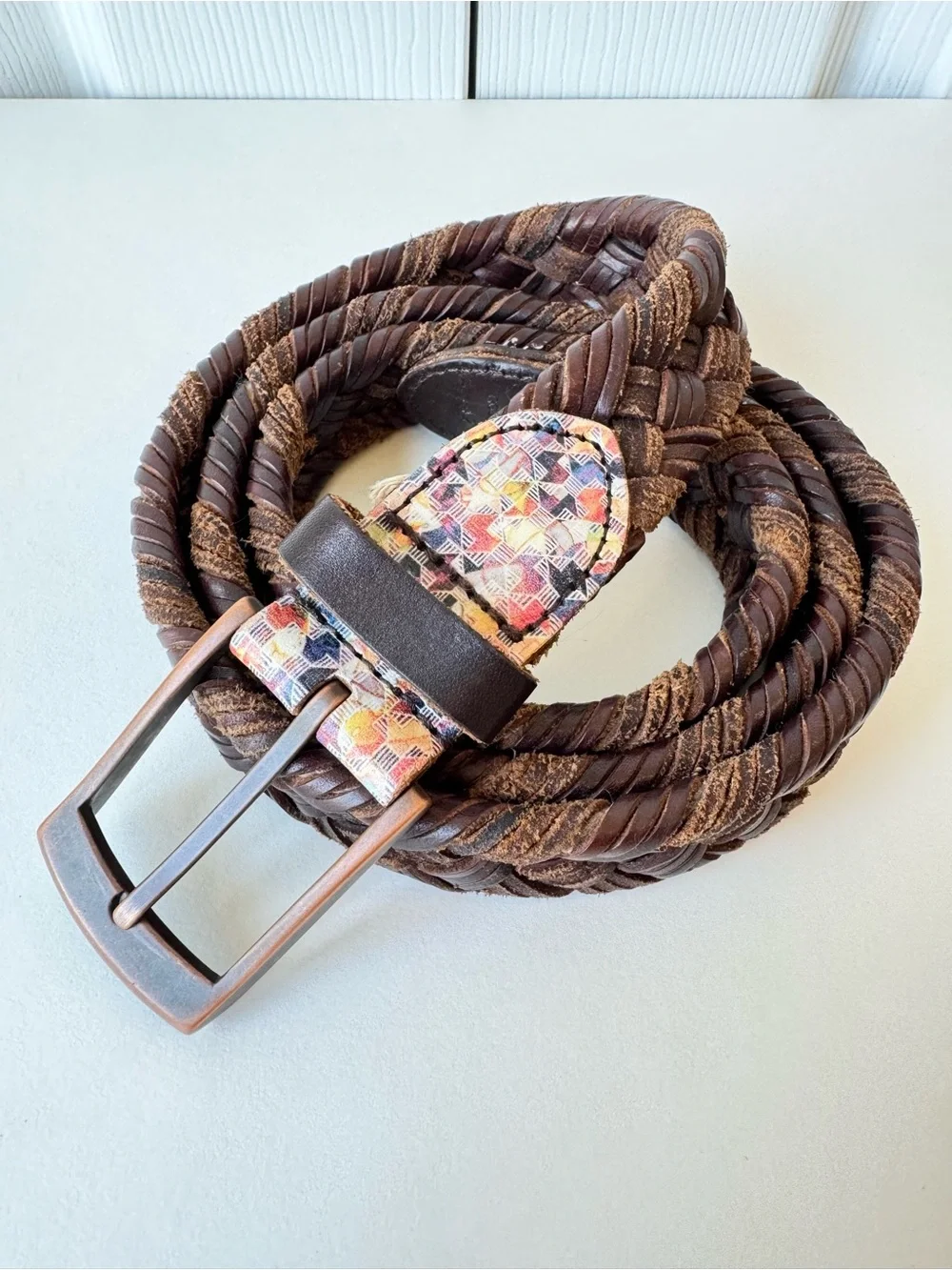 Robert Graham Woven Brown Leather Belt Size 42 Distressed Preppy Coastal Golf